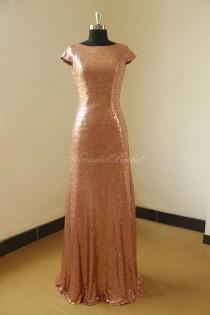 wedding photo - Rose Gold Sequined Aline Prom dress, bridesmaid dress, Evening dresses With caps leeves
