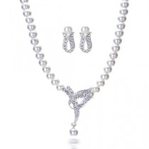 wedding photo -  Faux Pearl Crystal Choker Necklace Earrings Jewelry Set