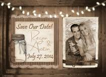wedding photo -  Rustic and Lace Save the Date, Mason Jar, Lights, Wood Fence, Photos, Digital File, Printable, 5x7