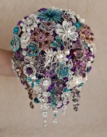 wedding photo - Cascading Brooch bouquet. Teal, Purple and Silver wedding brooch bouquet, Jeweled Bouquet