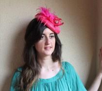 wedding photo - Fuchsia Fascinator Hat With Feathers,Round Pillbox Hat,Wedding Headband,Millenery Fascinate,Melbourne Cup Race,Ascot Derby Race,Cocktail Hat