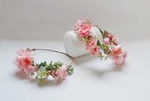wedding photo - Silk Flower Crown in Peach with Peach Blossoms and Greenery Boho Bridal Accessories