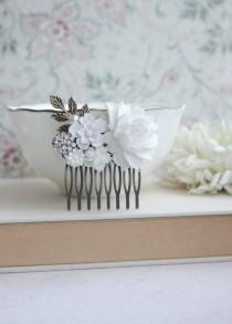 wedding photo - White Flowers Comb, Rose, Pearl, Rhinestone Diamente, Brass Leaf Sprig, Pearl Antiqued Brass Hair Comb. White Vintage Style, Bridal Wedding
