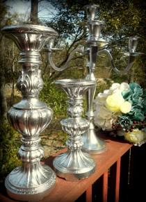 wedding photo - Brilliant Silver Candelabra Set- 15" tall,11.5" tall &8" tall. Sold in Bulk. Formal Reception, Silver Party,Steampunk Victorian,Baroque Home