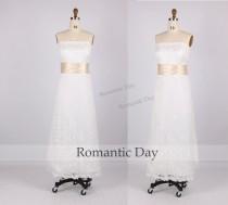 wedding photo - White Strapless Ribbons A-Line Tea length Lace Wedding dresses/short white lace dress/plus size dress/simple dress 0235C
