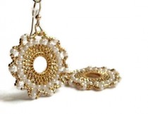 wedding photo - Bridal Earrings 24  Karat Gold Plated  Beads and  Pearls  Romantic  Handmade Mandala  Beadwork Jewelry