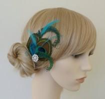 wedding photo - Peacock Feather Hair Clip Turquoise Blue Fascinator 1920's Bridesmaids Hair Accessory Crystal Flapper Wedding 'Althea'