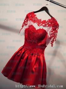 wedding photo -  PD16015 Red color short lace sleeves homecoming party dress