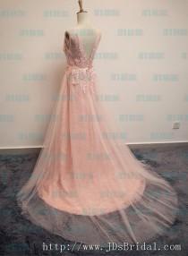 wedding photo -  PD16016 Sparkles Pink blush v neckline tulle long prom evening dress