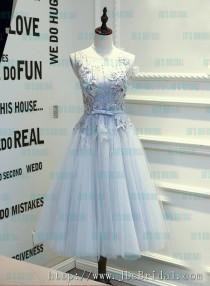 wedding photo -  PD16017 2016 tea length dusty blue grey backless tulle homecoming prom dress