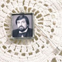 wedding photo - Boutonniere Photo Pin with quote on back. Customized in silver or copper/gold. Can also be worn on Groom's Lapel.