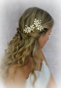 wedding photo - Gold Leaves Hair Pins, Wedding Hair Pins with Pearls, Crystals, Fern Leaf, Greek Goddess, Bobbies, Boho Pin Set - CALISTA