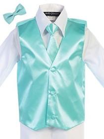 wedding photo -  Tiffany Blue Boys Satin Hand Made Long Tie & Vest Set (Free Bow Tie)