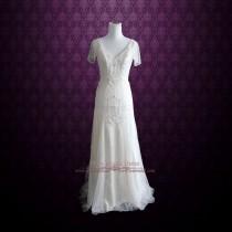 wedding photo - Ivory Bohemian Wedding Dress with Silk Lining Cap Sleeves and Intricate Beading 