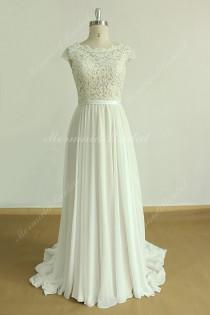 wedding photo - A line chiffon lace wedding dress with scallop open back
