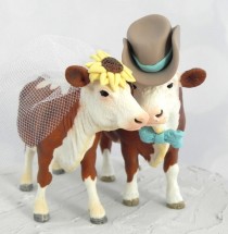 wedding photo - Hereford Cow and Bull Wedding Cake Topper with Sunflower, Bowtie and Cowboy Hat for Rustic Country Western, Farm or Barn Themes