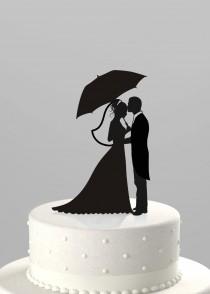 wedding photo - Wedding Cake Topper Silhouette - Groom with Bride holding Umbrella, Acrylic Cake Topper [CT37]