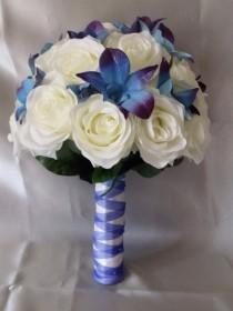 wedding photo - Lovely blue galaxy dendrobium orchids with open roses, bridal package, choose your orchid