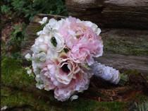 wedding photo - Bridal bouquet with light pink or white anemones, sweet pea, peonies and ranunculus