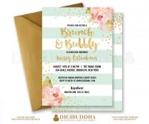 wedding photo - BRUNCH & BUBBLY INVITATION Bridal Shower Invite Pink Peonies Mint Stripes Gold Glitter Confetti Printable Rose Free Shipping or DiY- Krissy