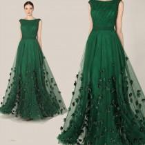 wedding photo - 2015 Zuhair Murad Formal Evening Dresses Emerald Green Tulle Cap Sleeve Flowers Party Prom Celebrity Dresses Arabic Special Occasion Gowns Online with $88.7/Piece on Hjklp88's Store 