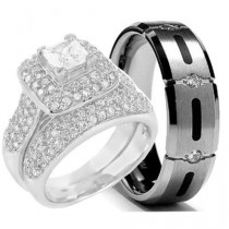wedding photo -  His and Hers 925 Sterling Silver Titanium Engagement Wedding Rings Set