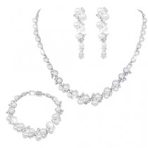 wedding photo -  Simulated Pearl and Austrian Crystal Necklace, Earrings, and Bracelet Set