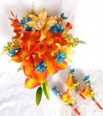 wedding photo - Bright tropical destination bouquet 6 piece set Orange Calla lily wedding bouquet and boutonniere set