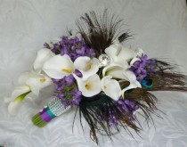 wedding photo - Calla lily wedding bouquet Real touch mini white calla lily peacock feather cascading bridal bouquet