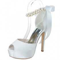 wedding photo - Peep Toe Satin Pearls Ankle Strap Ribbon Bow High Heel Wedding Shoes