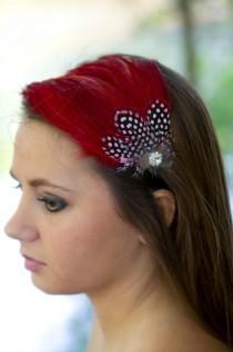 wedding photo - red headband, feather fascinator, headband, bridal hair piece, Vintage fascinator, wedding hair feather fascinators