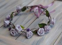 wedding photo - Flower Girl Hair Crown, Rose Wedding Crown, Woodland Wedding Circlet, Rose Bridal Halo, Lilac Floral Crown, Purple Hair Garland