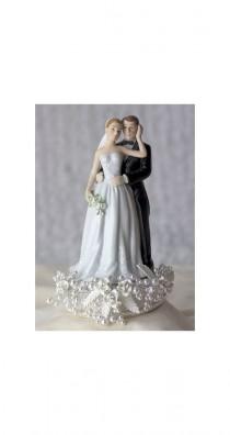 wedding photo - Rose and Pearls Bride and Groom Cake Topper (Silver or Gold) - Custom Painted Hair Color Available - 101123C