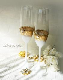 wedding photo -  Gold Wedding Champagne Flutes Wedding Champagne Glasses Gatsby Style Wedding Toasting Flutes Gold and White Wedding