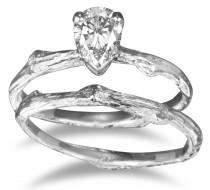 wedding photo - Twig Bridal Set, Pear shape white sapphire, Diamond alternative rings, Organic Nature Design, 14 white gold