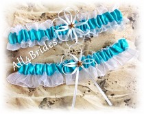 wedding photo - Starfish Beach Weddings Bridal Garters, Turquoise and White, Something Blue,  Wedding Bridal Accessories