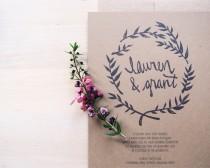 wedding photo - floral leafy wreath wedding invitation // THE LAUREL // black and white hand drawn wreath // kraft white ivory // DEPOSIT