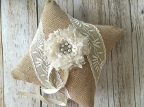 wedding photo -  rustic ivory lace and burlap ring bearer pillow with handmade flower and rhinestone pearl metal button.