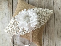 wedding photo -  rustic white lace and burlap ring bearer pillow handmade flower pearl button.