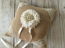 wedding photo -  rustic burlap ring bearer pillow with lace handmade flower and rhinestone pearl metal button.