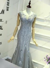 wedding photo -  PD16018 Gray red keyhole back cap sleeved lace sheath prom gown