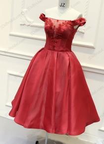 wedding photo -  PD16024 Lovely red colored off shoulder tea length school party prom dress