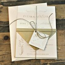 wedding photo - Fern Calligraphy Wedding Invitation Suite with Twine Tie and Monogram Tag - Champagne Gold, Ivory and Blush Pink (colors/text customizable)