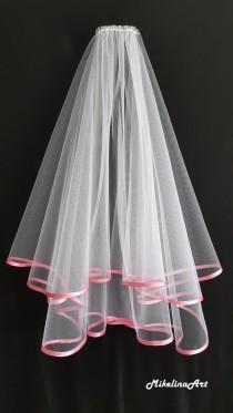 wedding photo - White Wedding Veil, Two Layers, Pink Satin Edging.