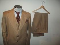 wedding photo - Classic 1970s 3pc Wool Jacket Vest Pants / Vintage Tan Wool Three Piece Suit /Wedding / Size 42 Reg / Large/ Lrg / L / Union Made In Canada