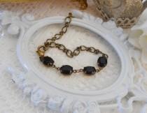 wedding photo - Adjustable Crystal Bracelet, Black Bracelet, Vintage Crystal Bracelet, Estate Jewelry, Black Glass Bracelet, Rhinestone and Chain Bracelet
