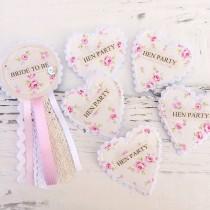 wedding photo - Hen Party Badge Set - Shabby Chic Vintage Hen Party - Floral Fabric Badges - Rosette Heart Set