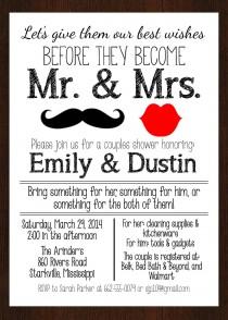 wedding photo - PRINTABLE Mr & Mrs. Couples Wedding Shower Invitation, Lips and Mustache, Red and Black or Gold, DIGITAL