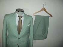 wedding photo - Classic 2pc Mint Green Suit / Vintage 1970s Two Piece Jacket Pants / Size 38R / Medium / Med / M / Rare