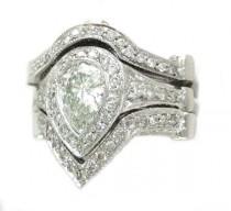 wedding photo - 14k white gold pear cut diamond engagement ring and 2 bands bezel set 3.00ctw